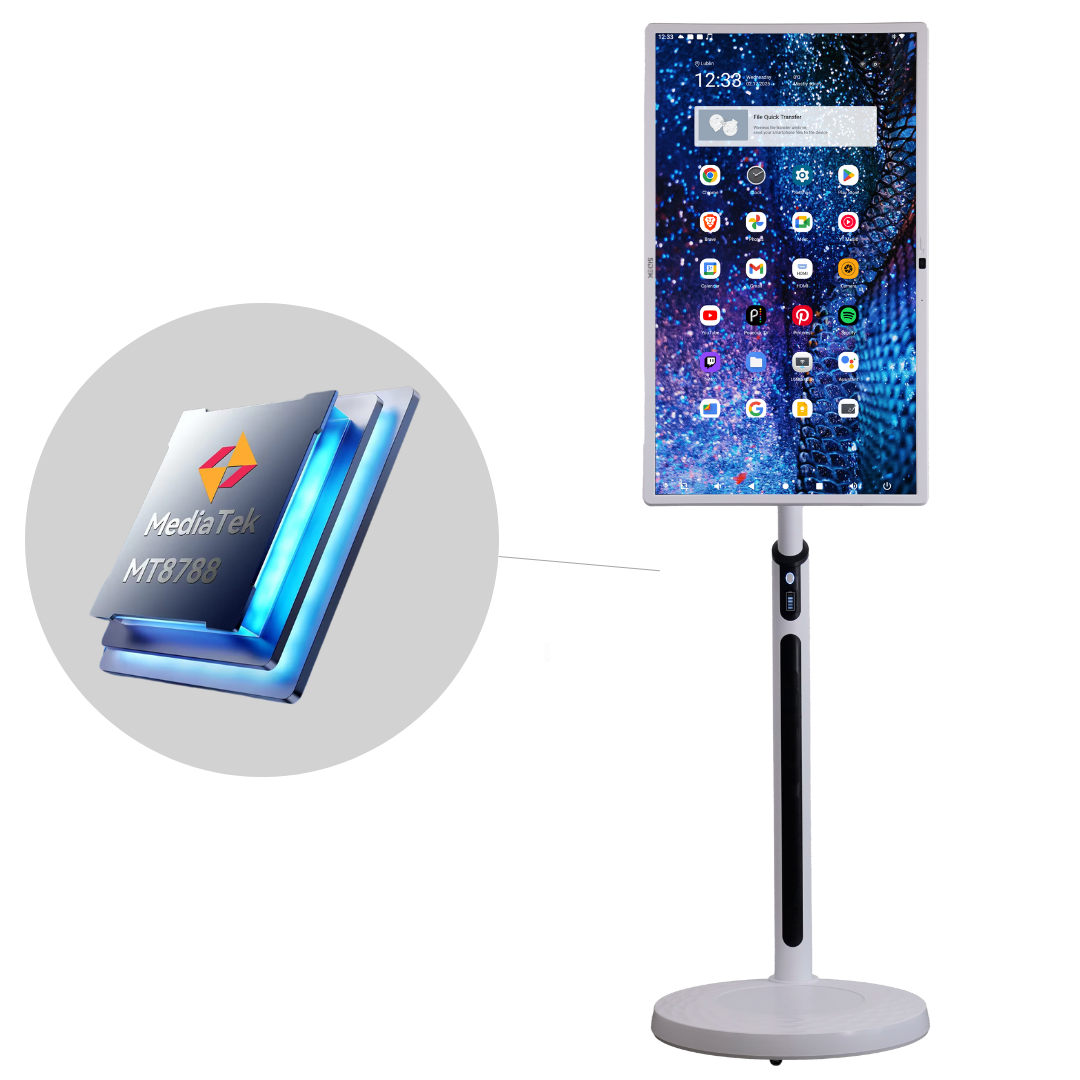 sidek itv smart display with a mediatek mt8788 processor, featuring a sleek white stand, a large interactive touchscreen with various app icons, and an advanced built-in control panel.