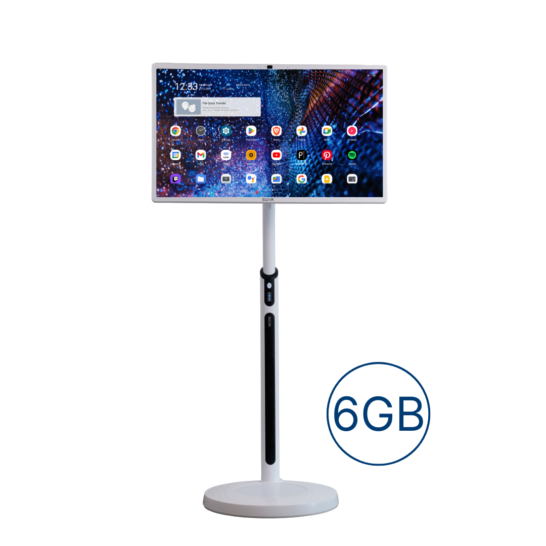 smart tablet display with a sleek white stand, featuring a large high-resolution touchscreen running an android-based interface with multiple app icons. the device includes a built-in control panel for easy navigation and offers an interactive experience for various applications, has 6 GB RAM