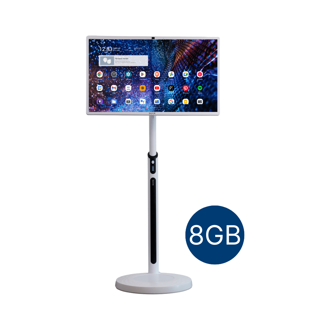 smart tablet display with a sleek white stand, featuring a large high-resolution touchscreen running an android-based interface with multiple app icons. the device includes a built-in control panel for easy navigation and offers an interactive experience for various applications, has 8 GB RAM